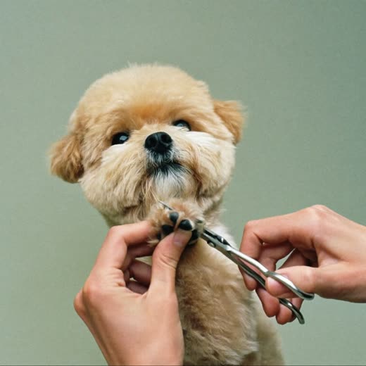 A groomer's hands trimming a small dog's nails with steel clippers